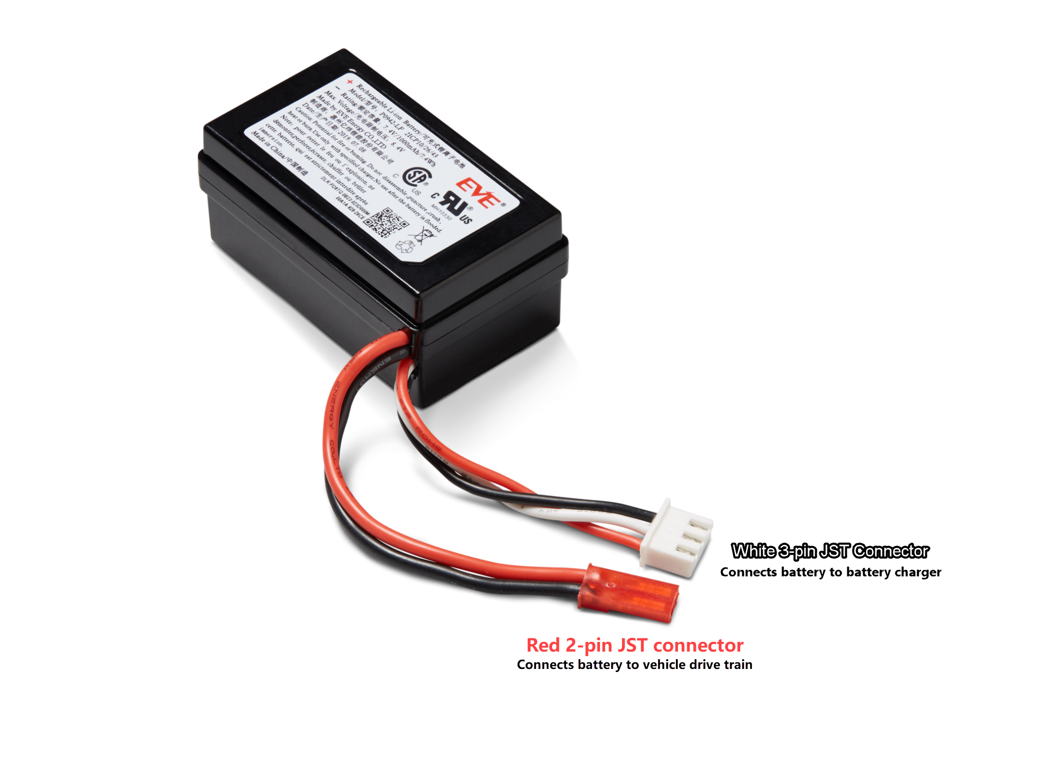 
                Image : Les connecteurs rouge et blanc de la batterie du module d'entraînement du véhicule sont étiquetés. Le connecteur blanc à 3 broches, situé à l'extrémité des câbles noir, rouge et blanc, connecte la batterie du module du véhicule à son chargeur de batterie. Le connecteur rouge à 2 broches, situé à l'extrémité des câbles noir et rouge, connecte la batterie à la transmission du véhicule.
            