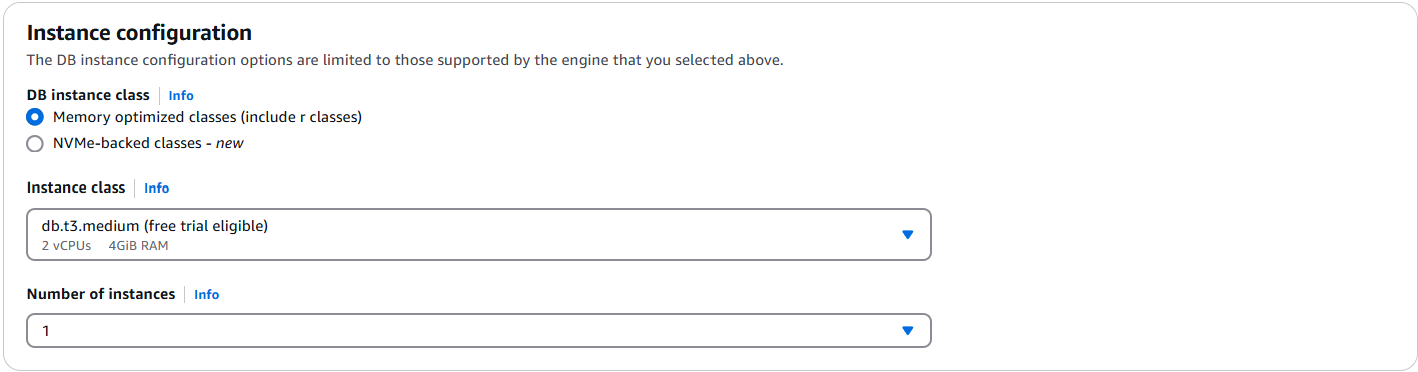 Interface de configuration avec des valeurs par défaut pour l'identifiant du cluster, la version du moteur et la classe d'instance, avec un nombre d'instances défini sur un.
