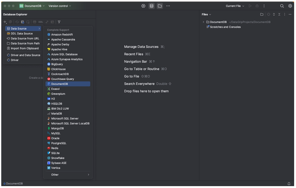 La liste déroulante pour + affiche le sous-menu Source de données. DocumentDB est sélectionné dans ce sous-menu.