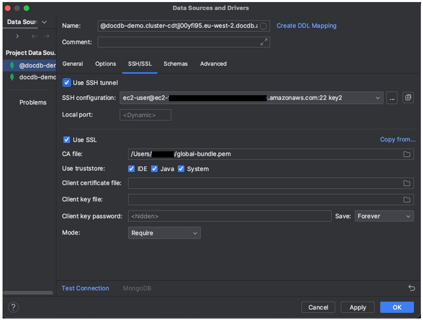 onglet SSH/SSL dans l'interface des sources de données et des pilotes avec les paramètres SSL activés.