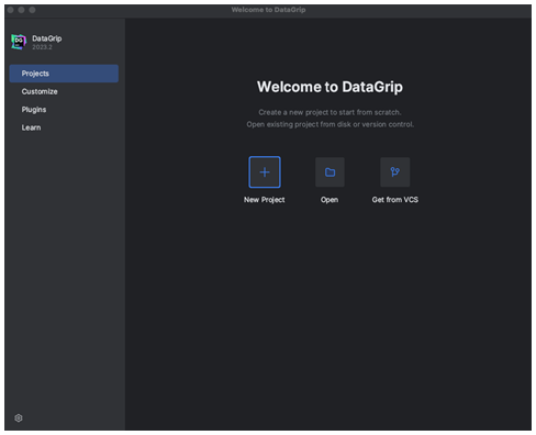 DataGrip écran de bienvenue avec l'option Nouveau projet surlignée.