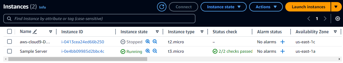 Tableau des instances répertoriant deux instances dans la console Amazon EC2.