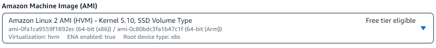 L'interface des images de l'application et du système d'exploitation avec l'option AMI Amazon Linux 2 sélectionnée dans la section Démarrage rapide.