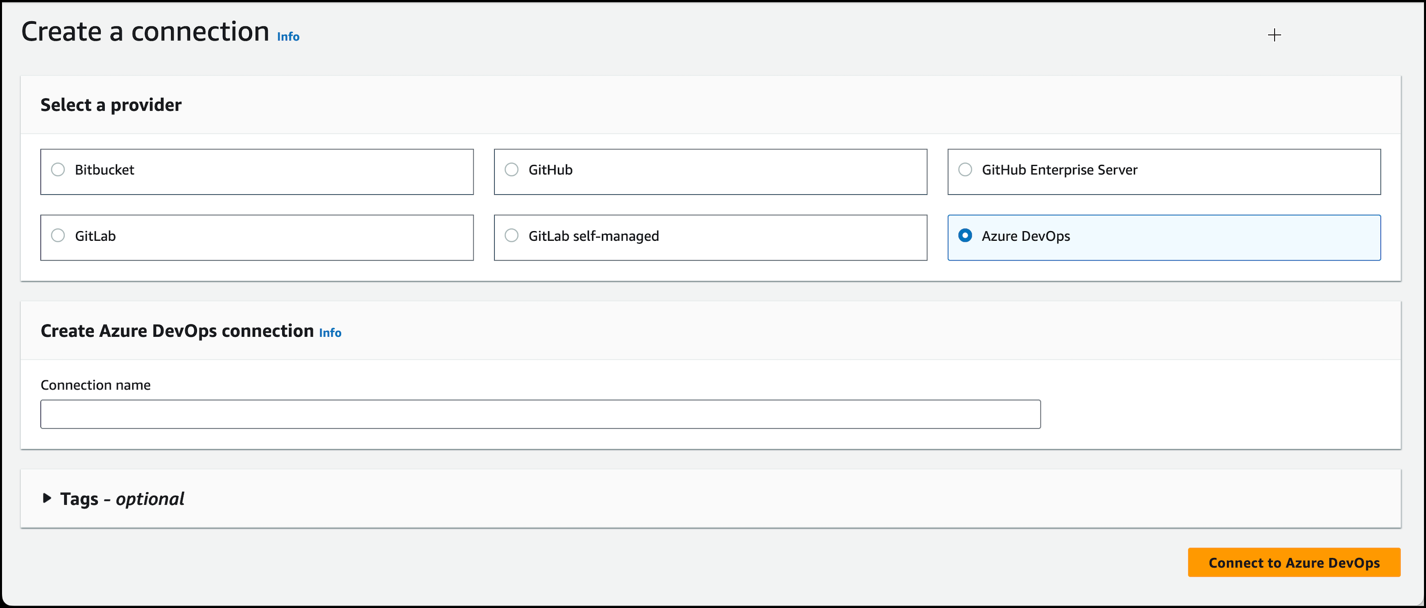 Capture d'écran de la console montrant l'option de connexion sélectionnée pour Azure DevOps.
