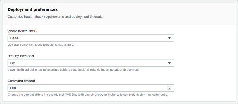 Page de configuration des déploiements d'une application Elastic Beanstalk