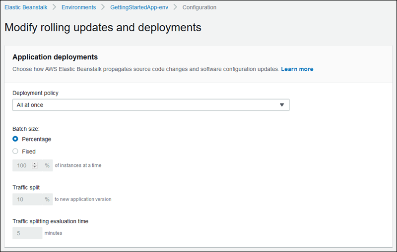 Page de configuration du déploiement d'une application Elastic Beanstalk