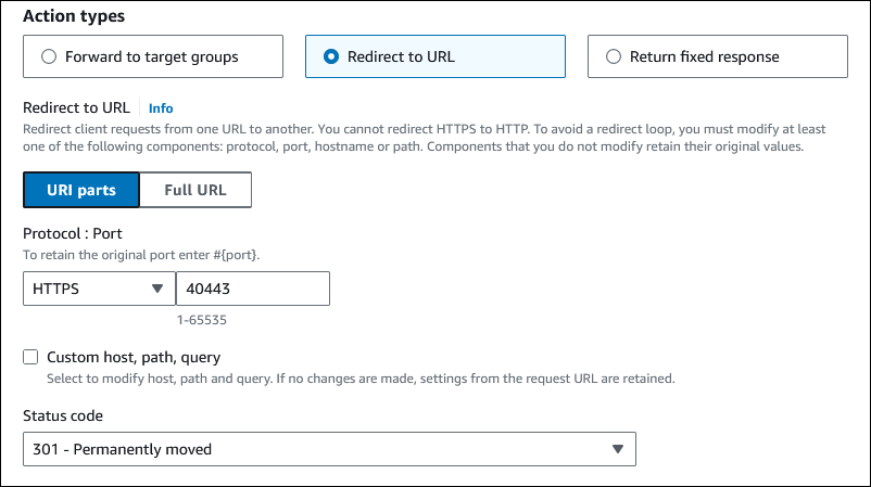 Règle qui redirige la demande vers une URL utilisant le protocole HTTPS et le port spécifié (40443), mais conservant le domaine d'origine, le chemin, ainsi que les paramètres de requête de l'URL d'origine.