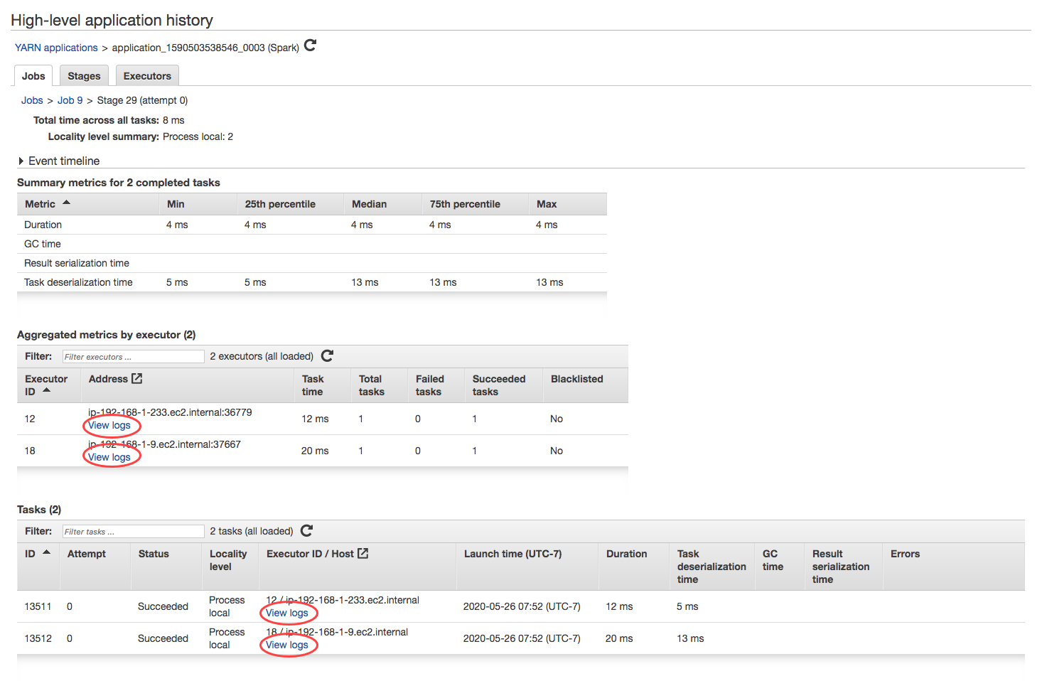 Application history page showing task metrics, executor details, and log access links for a Spark job.