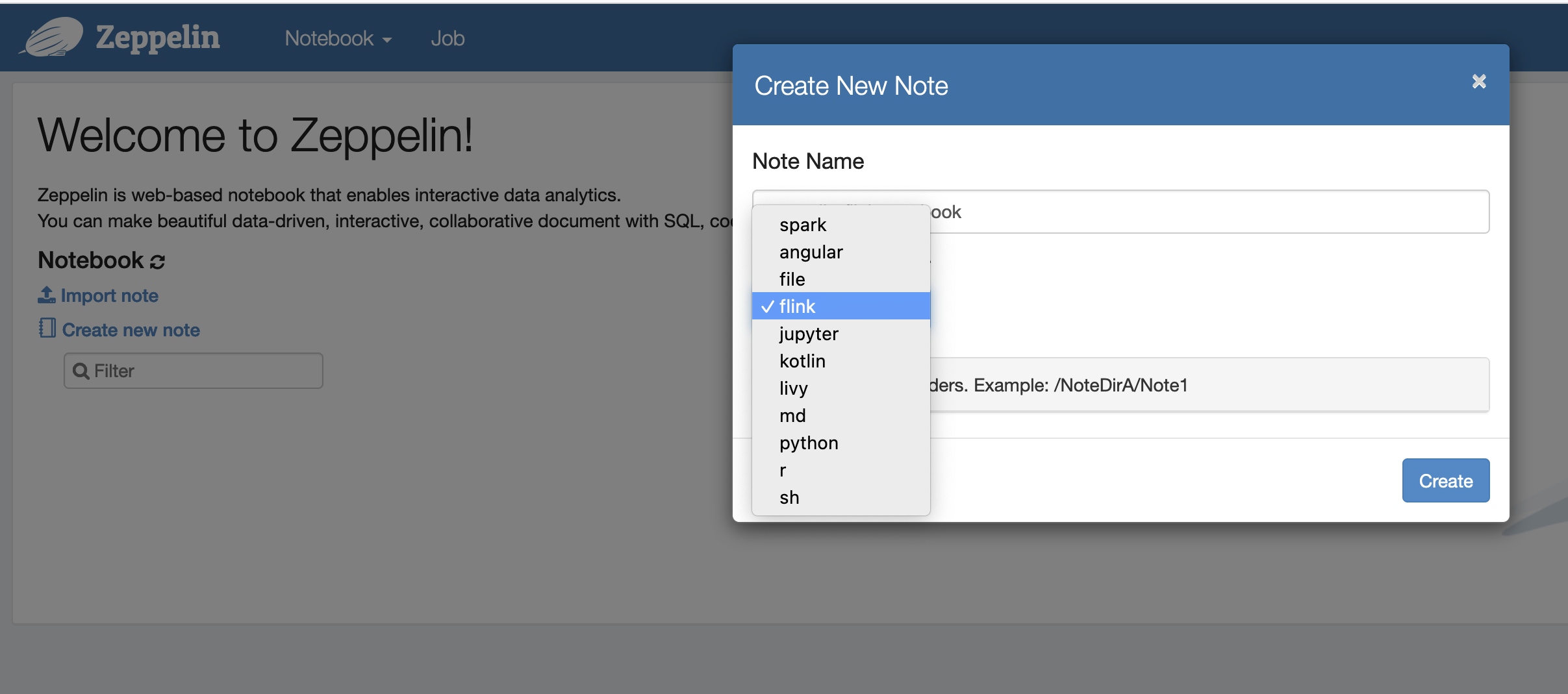 Vous pouvez créer une nouvelle note dans un carnet Zeppelin avec Flink comme interpréteur par défaut.