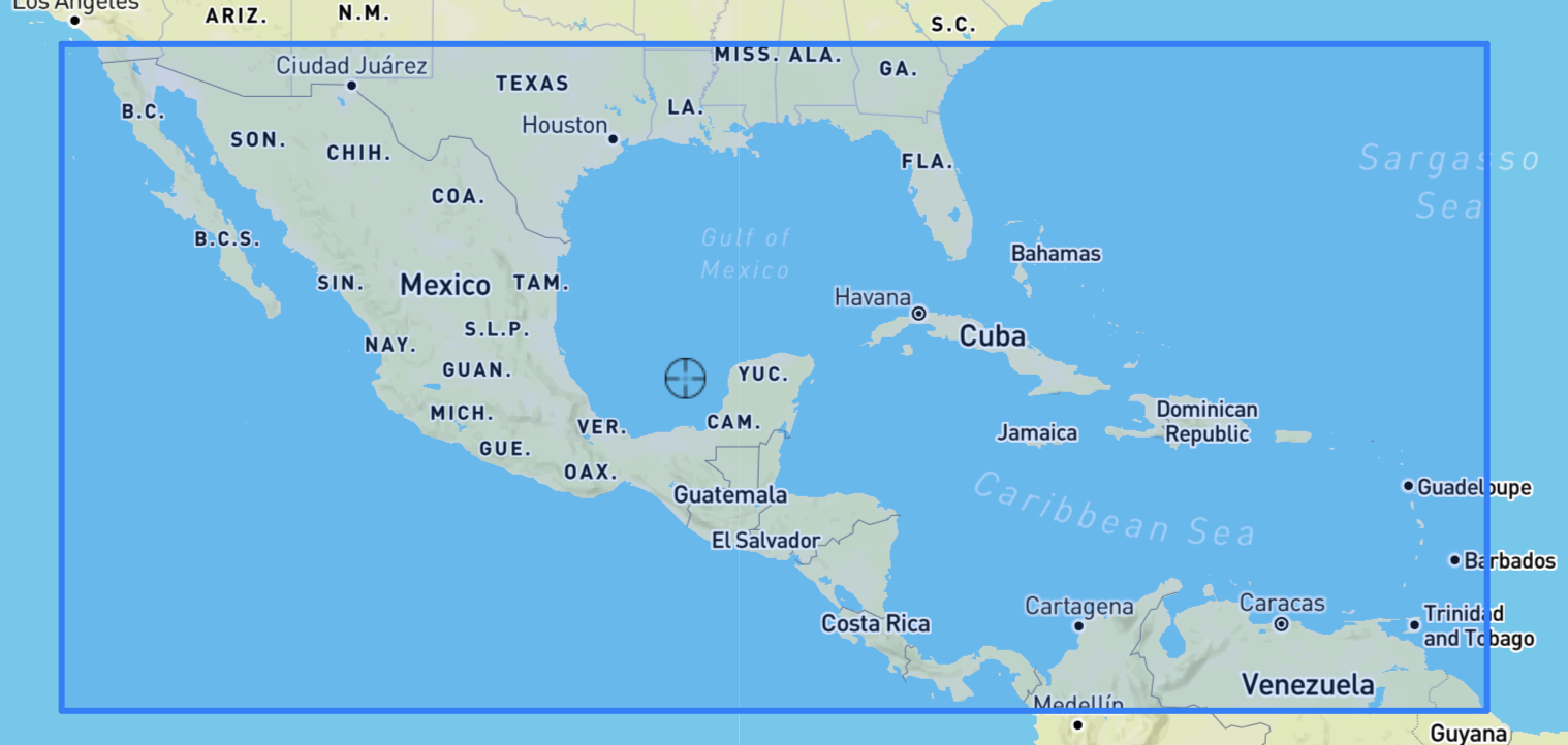 Map showing southern US, Mexico, Central America, and Caribbean with major cities and bodies of water.