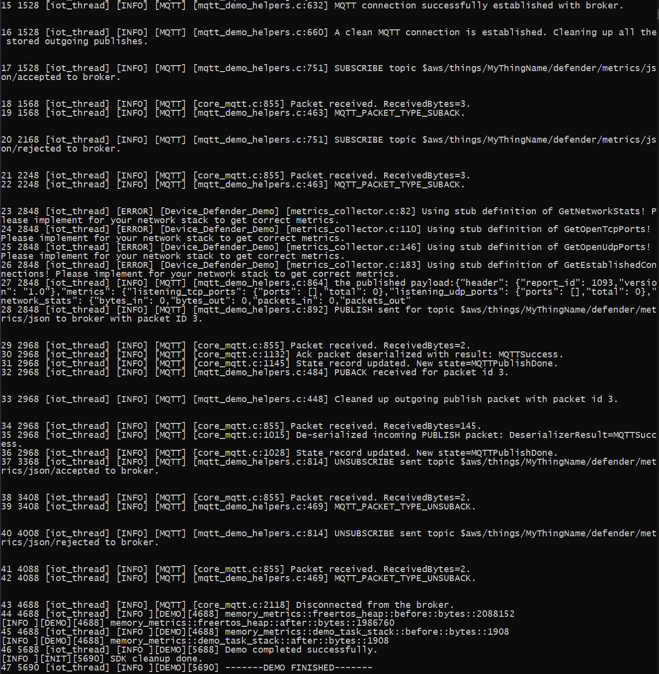 Console output showing MQTT connection, subscriptions, and error messages for network metrics.