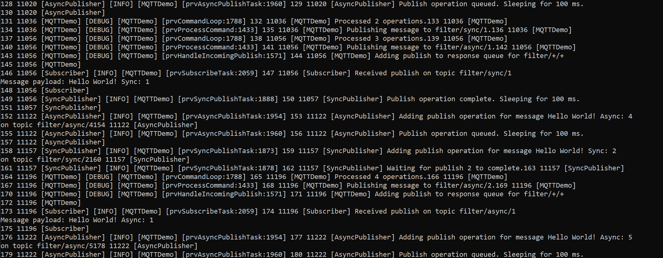 Sortie du terminal de démonstration du partage de connexion MQTT en cas de réussite
