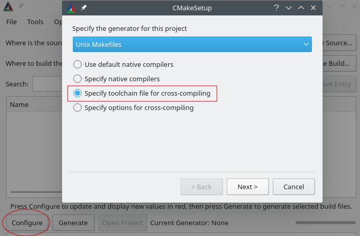 CMakeSetup window with options for specifying project generator and compilation settings.