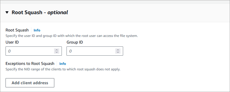 La section root squash de la page de console du système de fichiers FSx for Lustre Create.