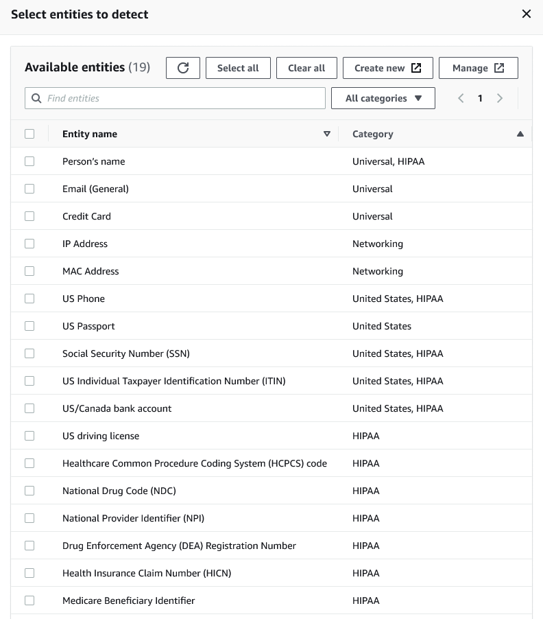 La capture d'écran montre les options de la liste des AWS entités prédéfinies.