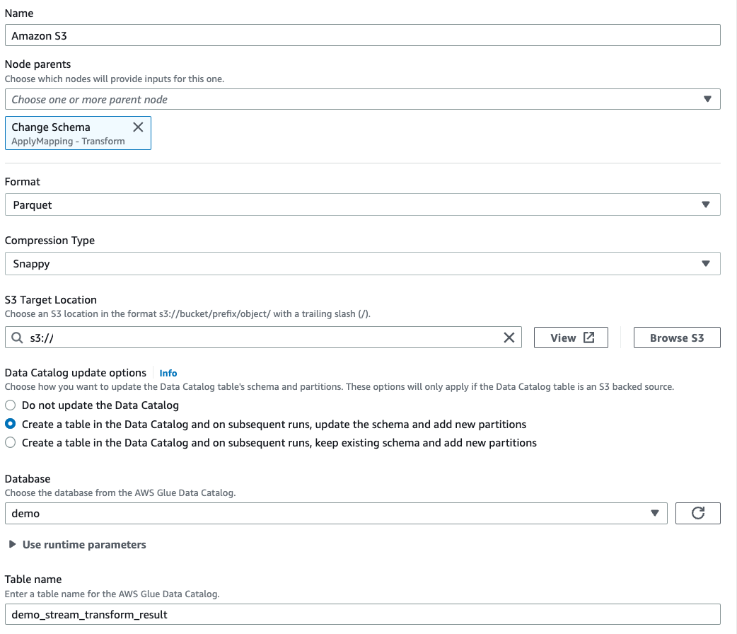 La capture d’écran montre la page de configuration de la cible Amazon S3.
