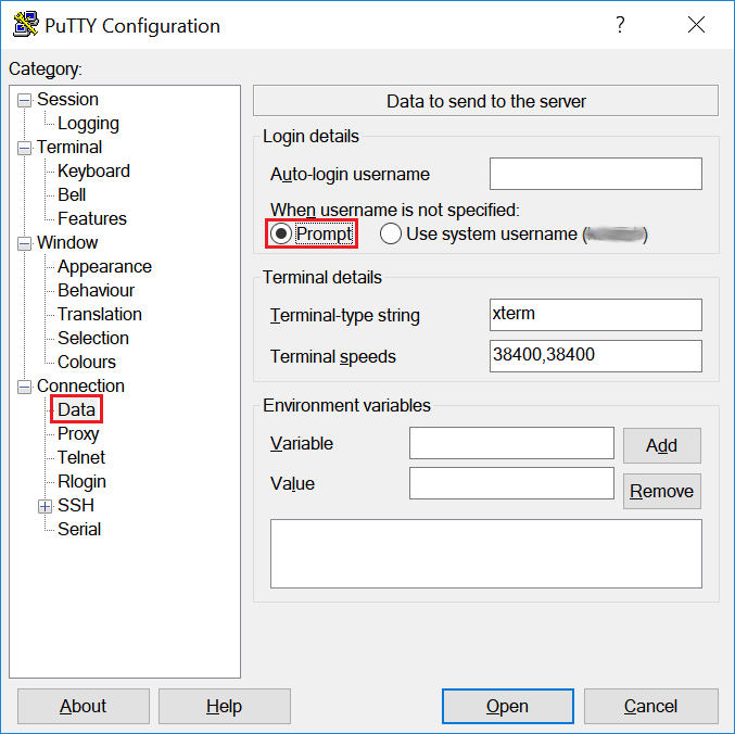 Fenêtre PuTTY avec l'option Prompt sélectionnée.