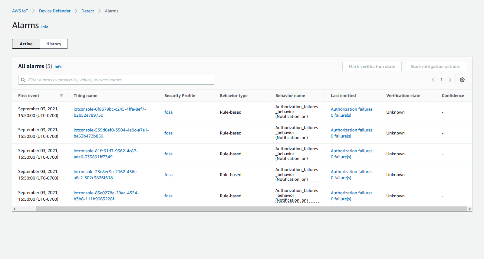 Liste d'alarmes AWS IoT Device Defender répertoriant 5 alarmes actives de type Échecs d'autorisation avec les colonnes Nom de l'objet, Profil de sécurité, Type de comportement, Nom de comportement, Dernière émission et État de vérification.