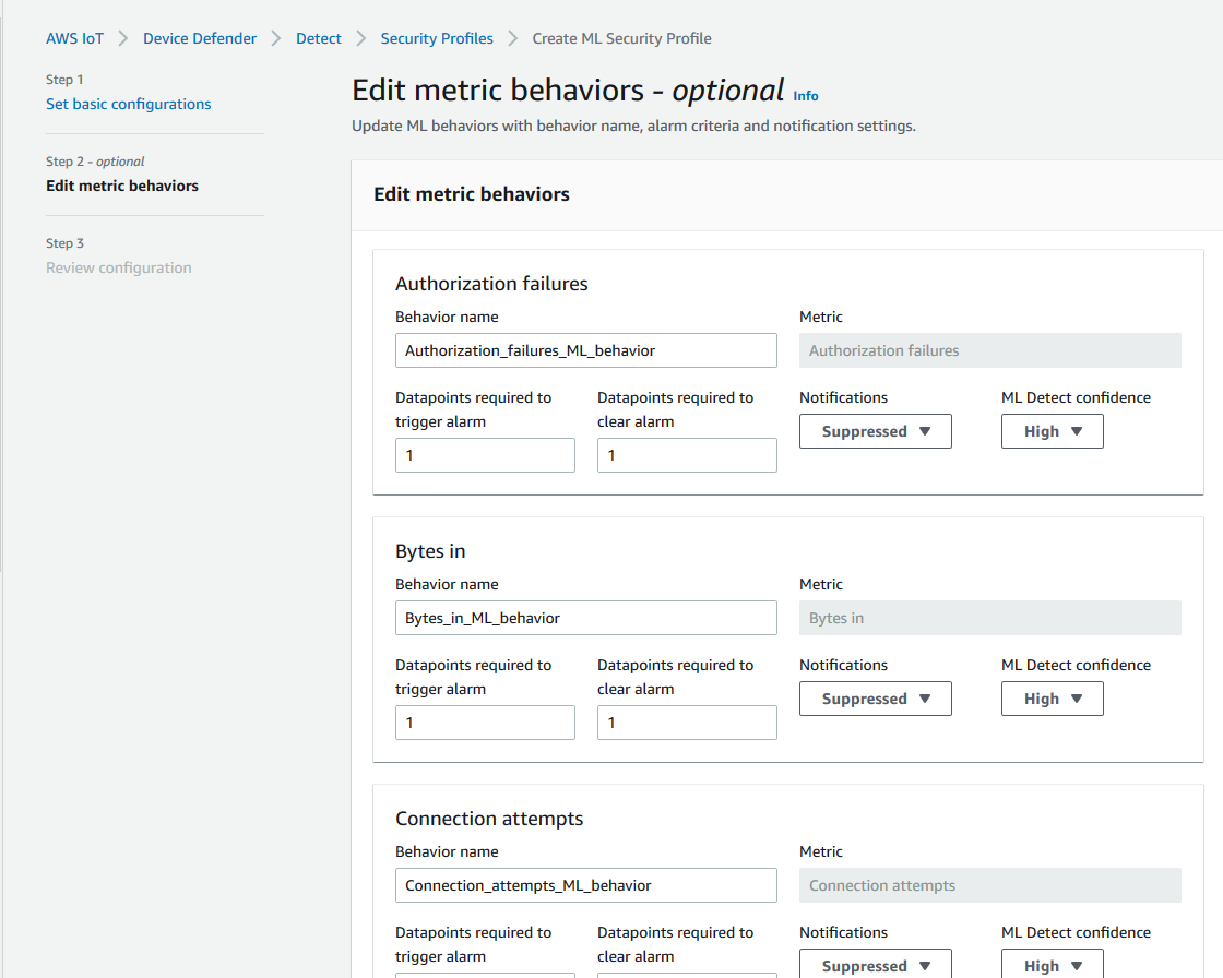 Section Modifier les comportements des métriques illustrant les métriques Échecs d'autorisation, Octets entrants et Tentatives de connexion, permettant de configurer des points de données pour les déclencheurs d'alarme, les notifications et les niveaux de confiance de détection ML.