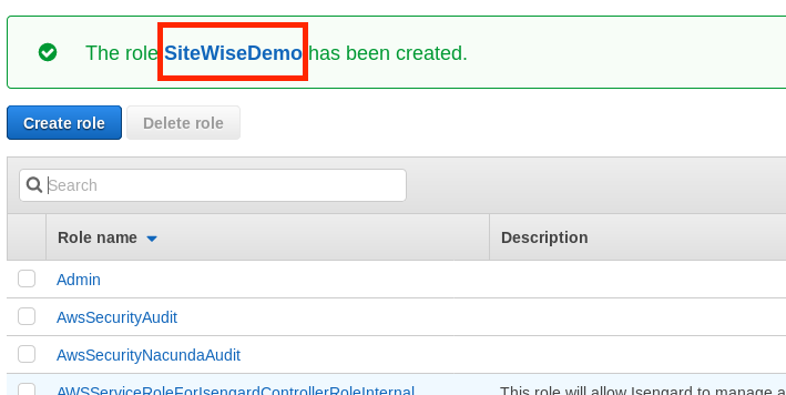 Capture d'écran de la page IAM « Le rôle SiteWiseDemo a été créé ».