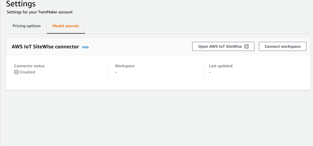La page de configuration de la AWS IoT TwinMaker console avec l'onglet Sources du modèle ouvert.