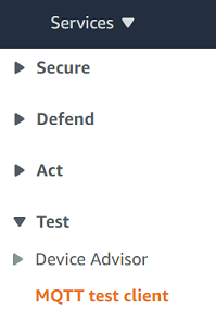 Choisissez le client de test MQTT dans le menu de la console dans le menu de navigation de gauche.