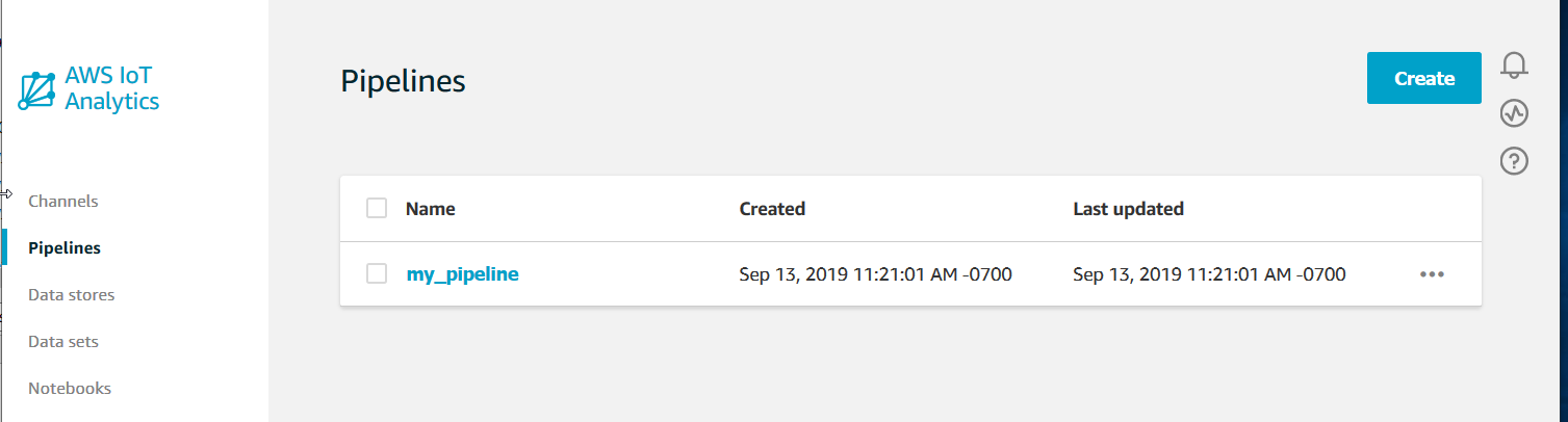 Capture d'écran de la page « Pipelines » de la AWS IoT Analytics console.