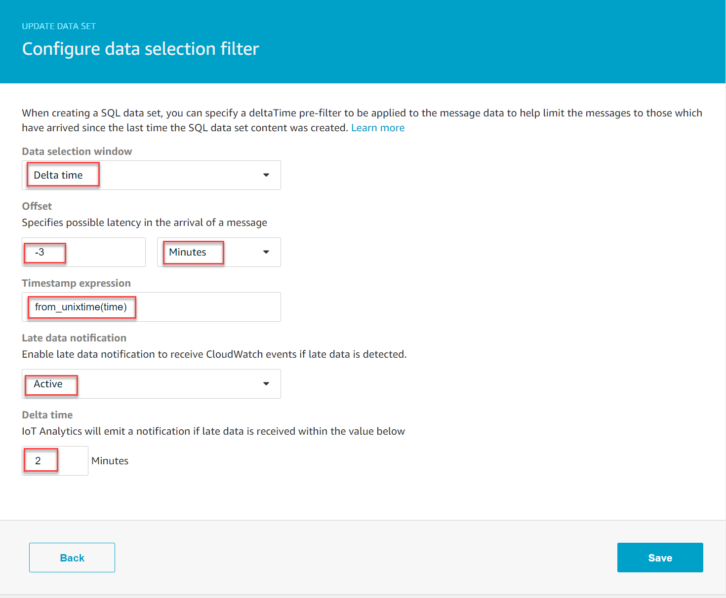 
      Configurez le filtre de sélection des données dans laAWS IoT Analytics console.
     