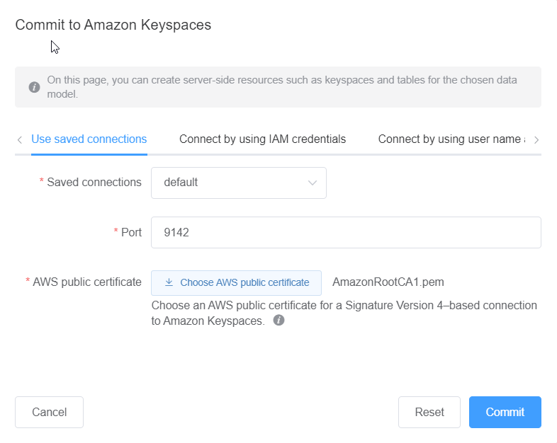 Capture d'écran de la console qui montre la connexion par défaut à Amazon Keyspaces.