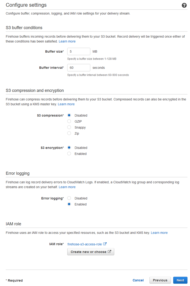 Capture d'écran montrant la configuration d'options et de la sécurité lors de la création d'un flux de diffusion Kinesis Data Firehose.