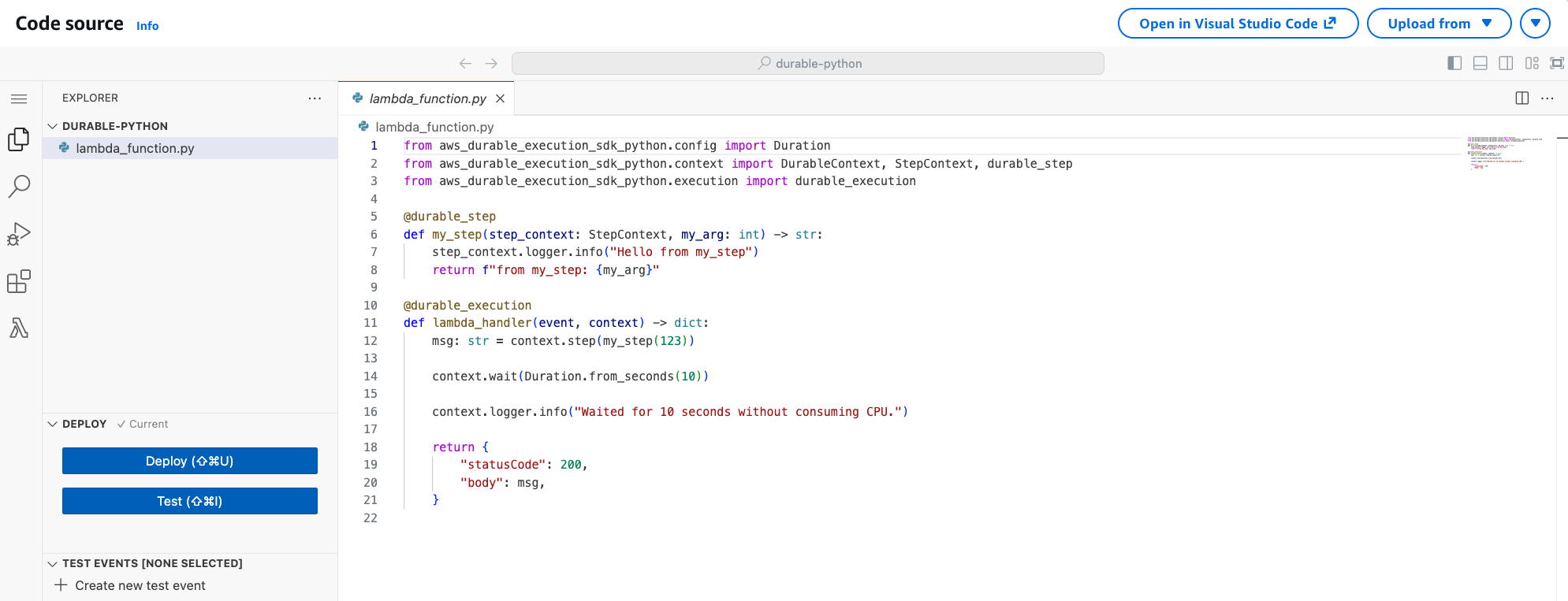 Schéma illustrant l’éditeur de code de la console et le fichier lambda_function.py dans l’explorateur de fichiers
