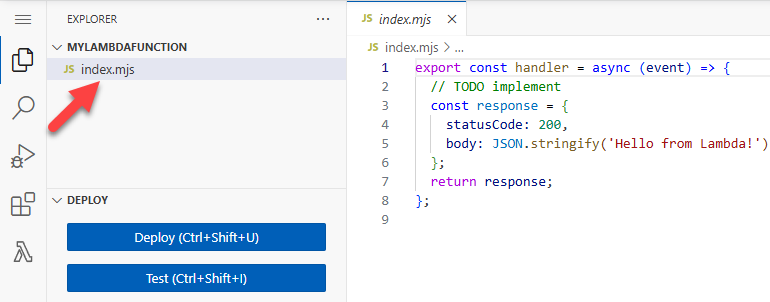 
                  Schéma illustrant l'éditeur de code de la console avec une flèche surlignant le fichier index.mjs dans l'explorateur de fichiers
                