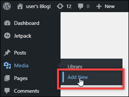 
            L'élément de menu Ajouter un nouveau fichier multimédia dans le  WordPress  tableau de bord.
          
