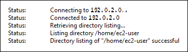 FileZilla connecté avec succès à une instance dans Lightsail.