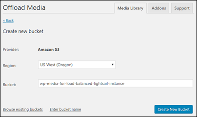 Configuration du nouveau compartiment Amazon S3 à l'aide du plug-in WP Offload Media.