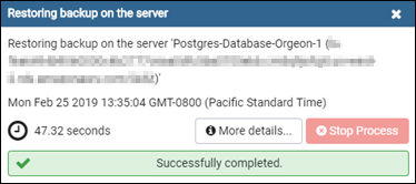 
          Successful restore of PostgreSQL database backup file. (Restauration du fichier de sauvegarde de base de données PostgreSQL réussie.)
        