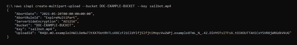 
            Résultat de la commande create-multipart-upload
          