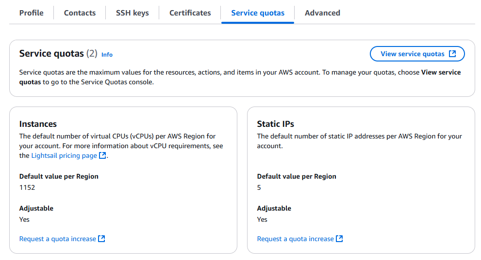 Page du compte Lightsail avec l'onglet Quotas de service sélectionné.