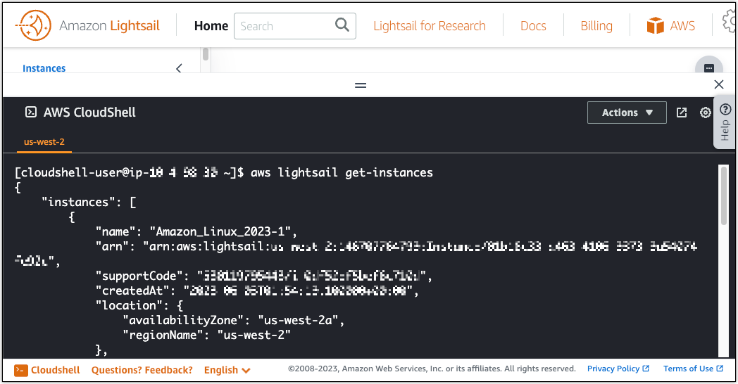 Sortie de commande de l'API get instances d'Amazon Lightsail.