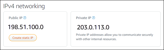 Adresses IP d'instance sous l'onglet Mise en réseau de la page de gestion de l'instance.