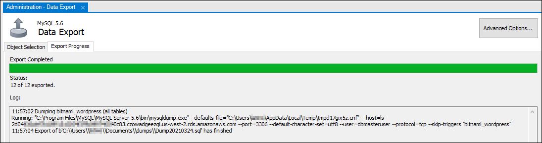 Progression de l'exportation MySQL Workbench
