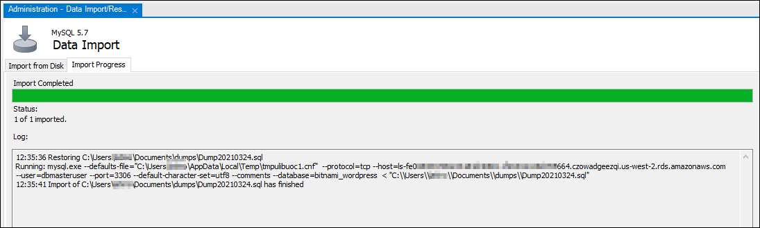 Progression de l'importation MySQL Workbench