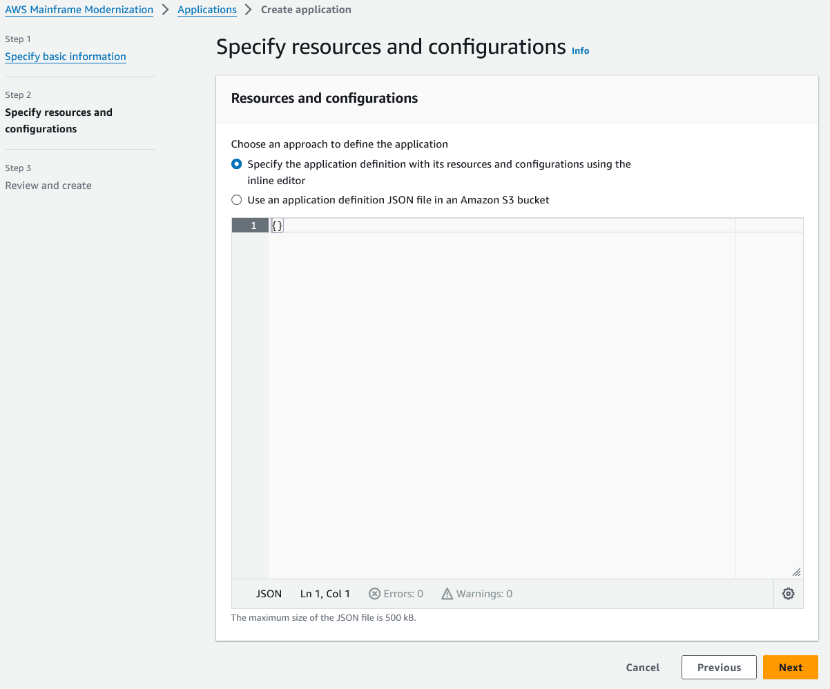 La page Spécifier les ressources et les configurations avec un fichier JSON affiché dans l'éditeur en ligne.