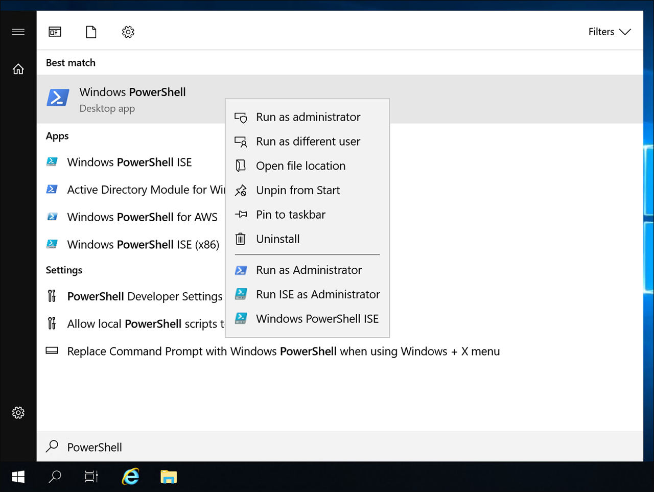 
                     Windows PowerShell dans le menu Démarrer
                  