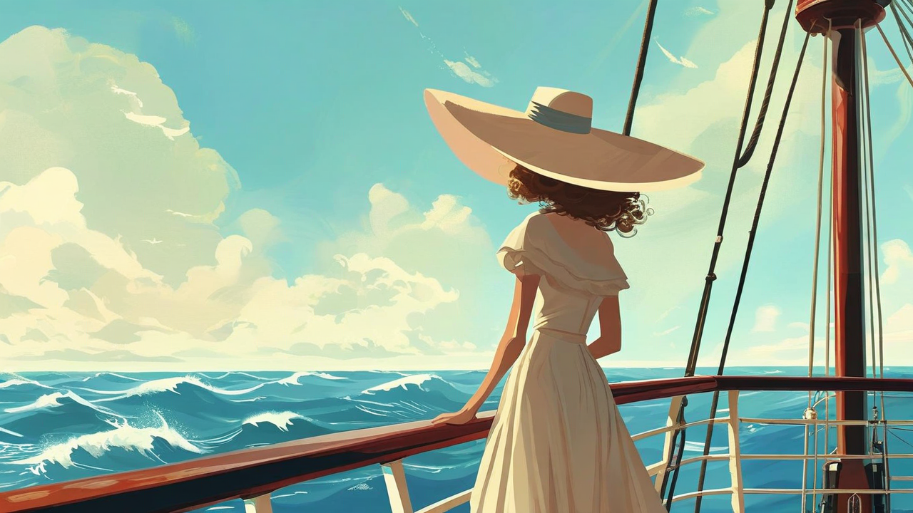 illustration d'une histoire fantaisiste et éthérée aux teintes douces : une femme coiffée d'un grand chapeau se tient debout devant la balustrade du navire et regarde l'océan