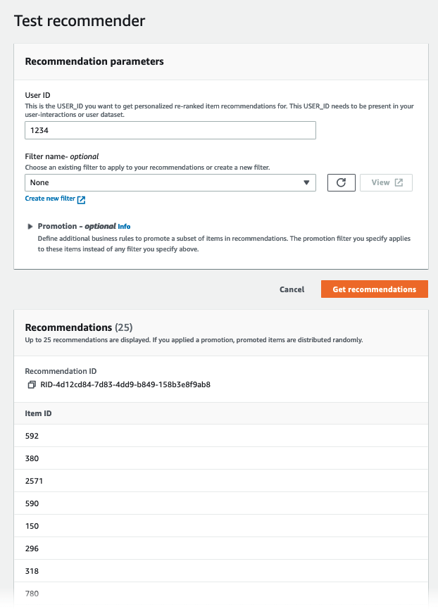 Représente la page Test recommender avec des champs pour une demande de recommandation.
