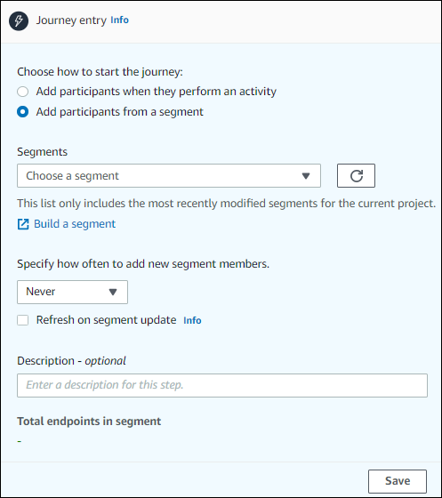 Exemple d'ajout d'une activité de segment et de la fréquence d'actualisation du segment pour les nouveaux membres.