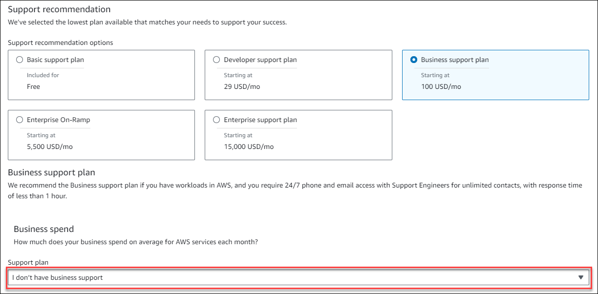 Sélectionnez un plan de support