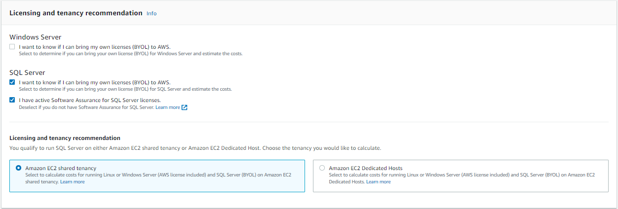 Capture d'écran de la console qui montre la section relative aux licences et aux recommandations de location avec Amazon EC2 Shared Tenancy sélectionné.