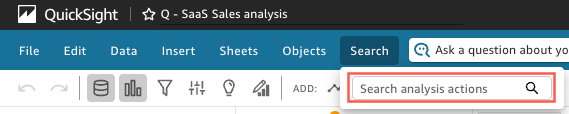Les options du menu des fichiers situées en haut d'une page d'analyse dans QuickSight.